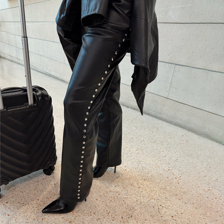 Black Vegan Leather Studded Leg Trousers