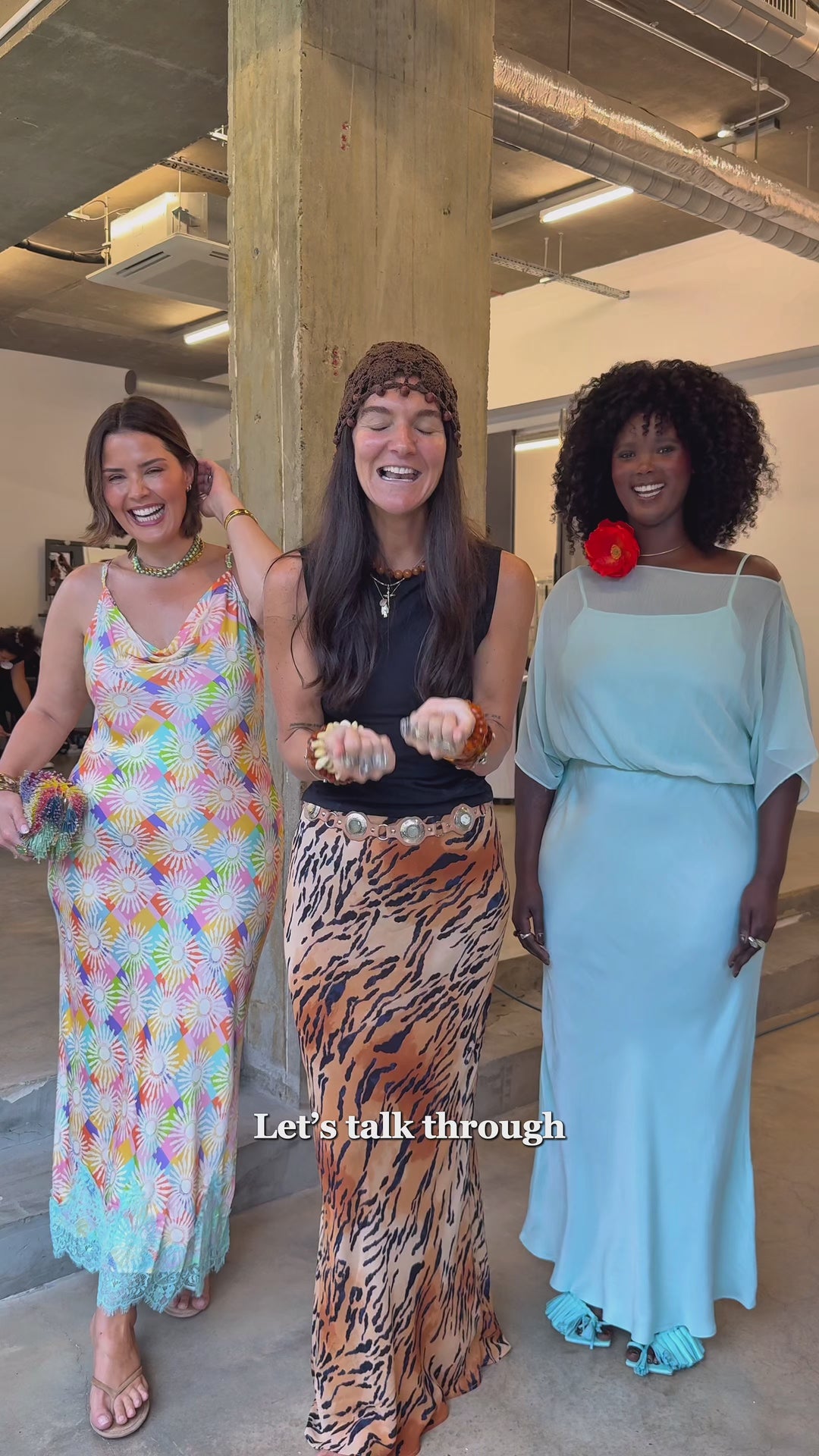 Three models in the Rosie Slip Dress and Maxi Skirt, showcasing inclusive sizing and multi-wear, bias-cut designs.