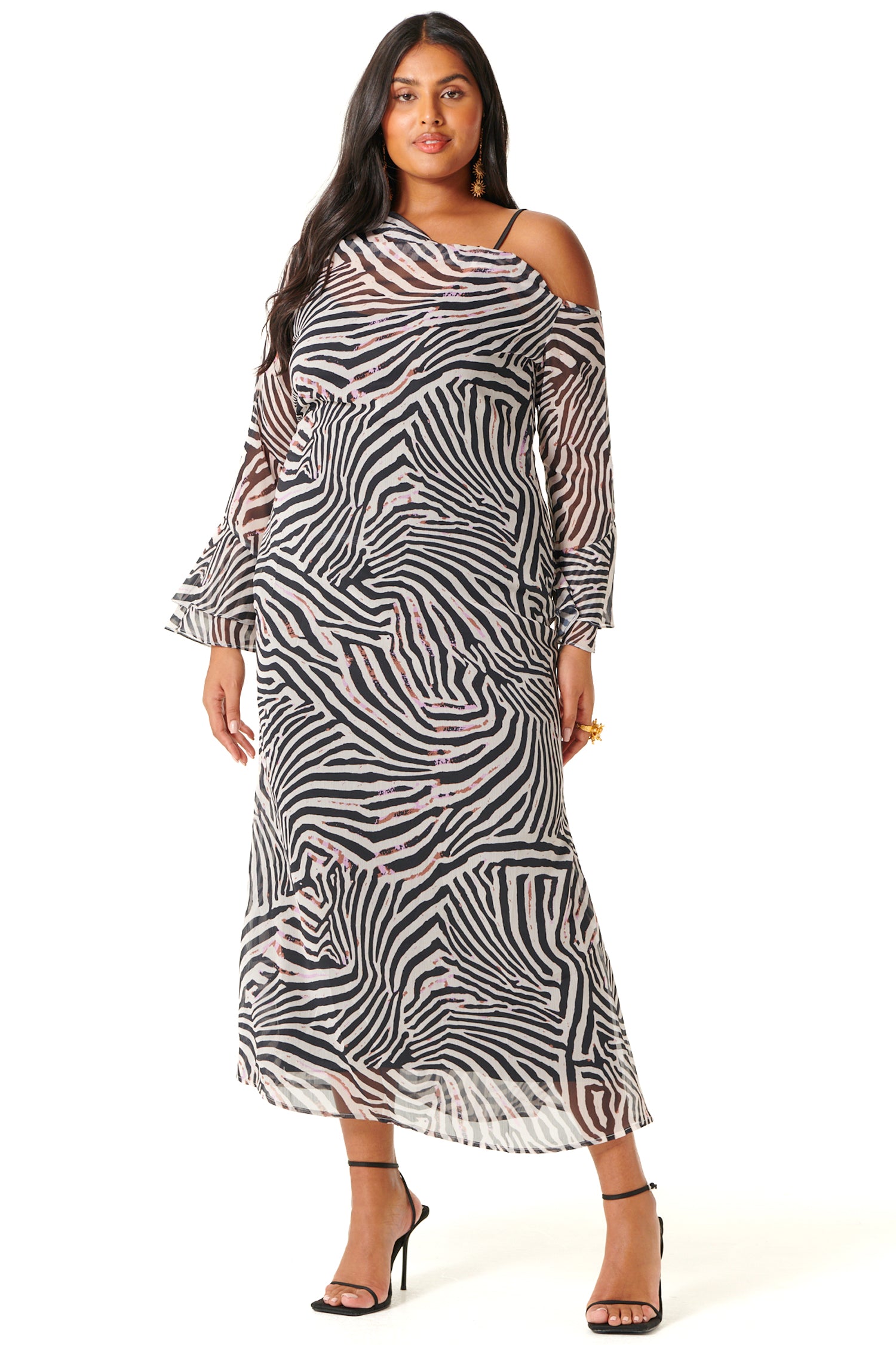Model wearing Zebra Ophelia Dress standing facing camera 