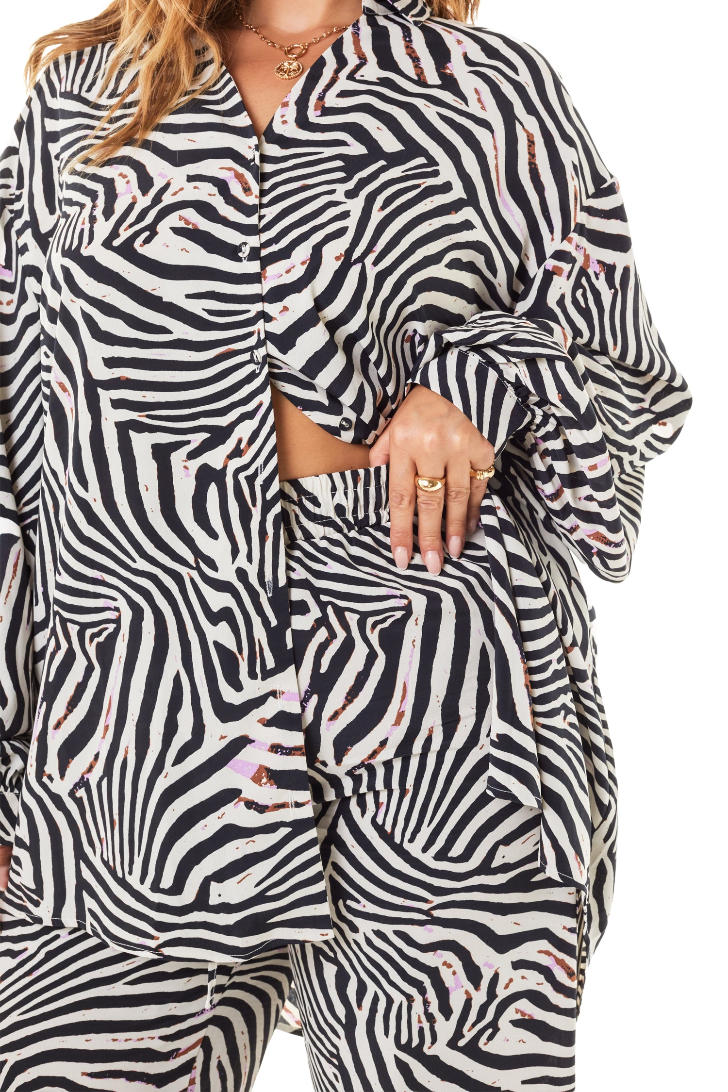 Model wearing Zebra Trousers close up