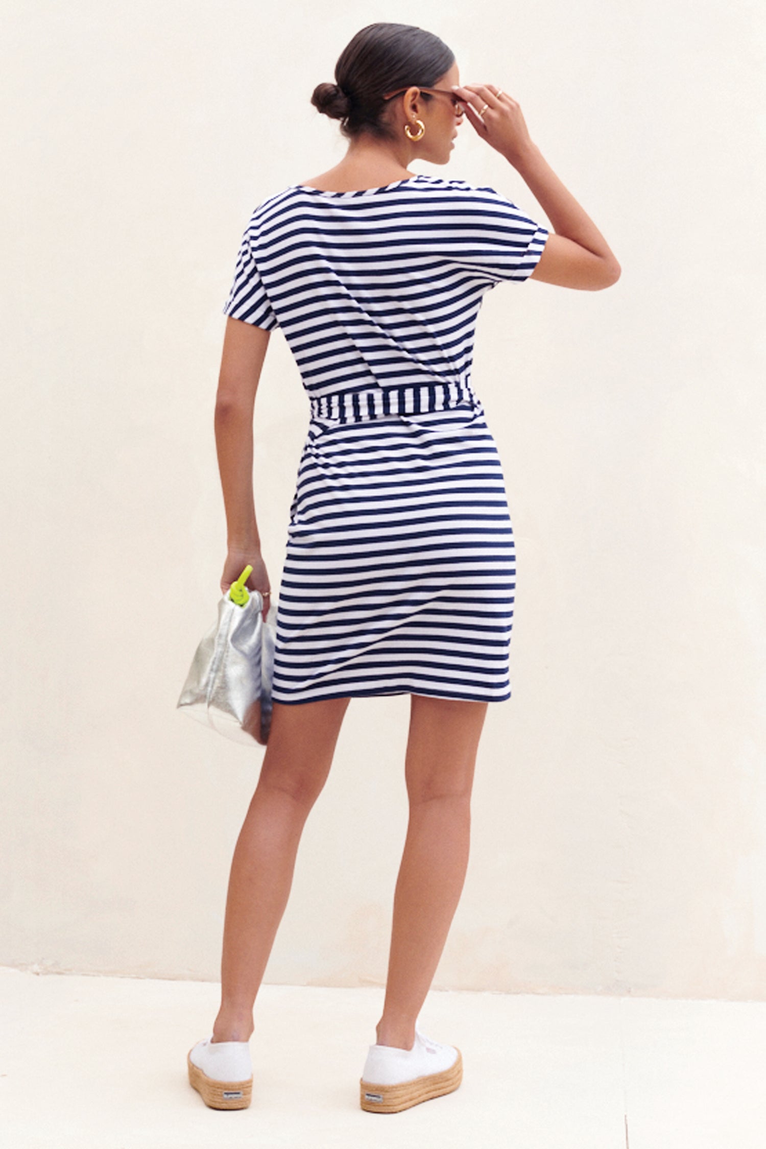 Model wearing Stripe Jersey Wrap Dress back shot