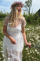 Thumbnail for Model wearing White Heart Flocked Billie Dress facing the camera