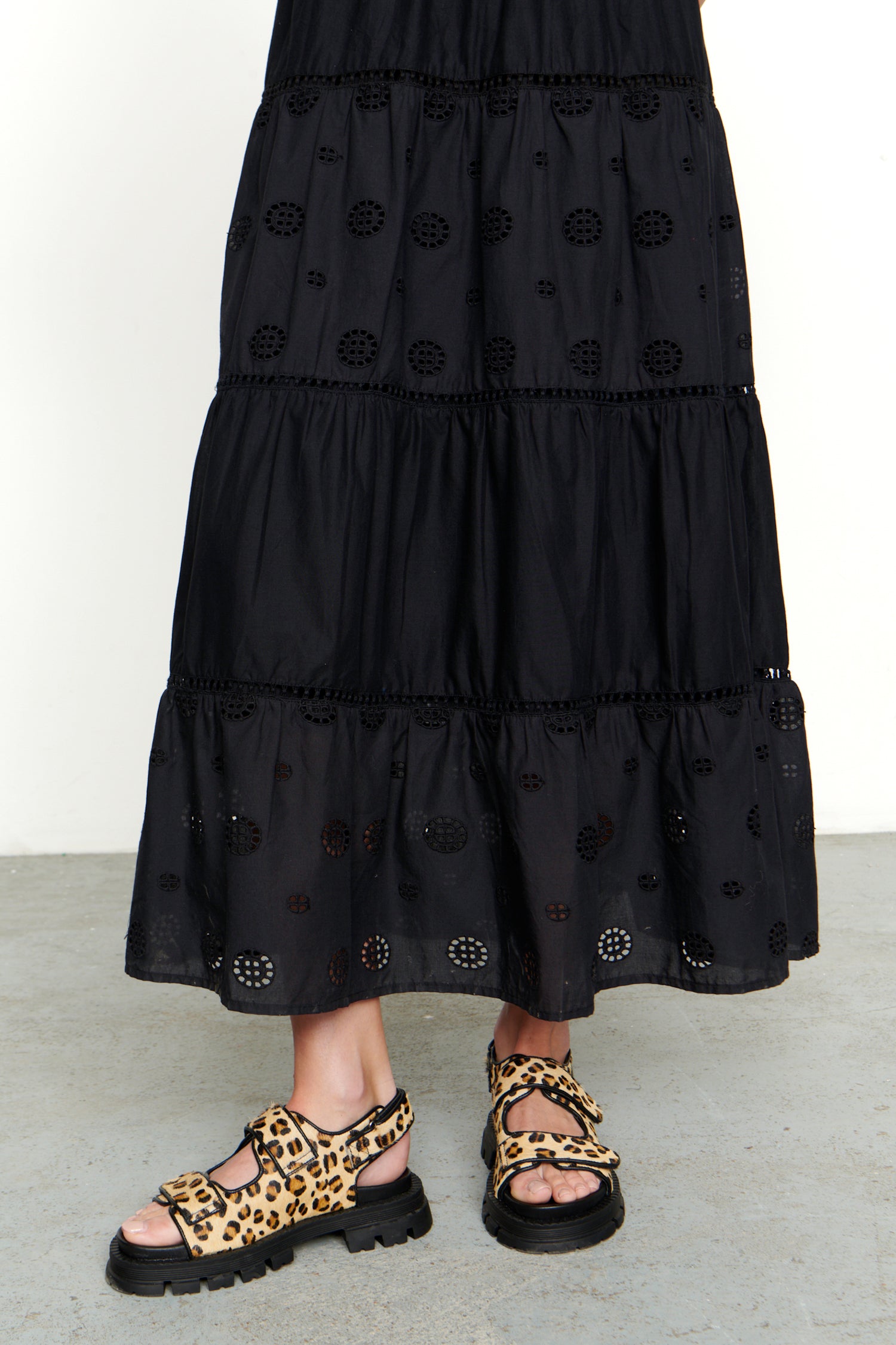 Model wearing Black Broderie Smock Dress standing facing the camera 