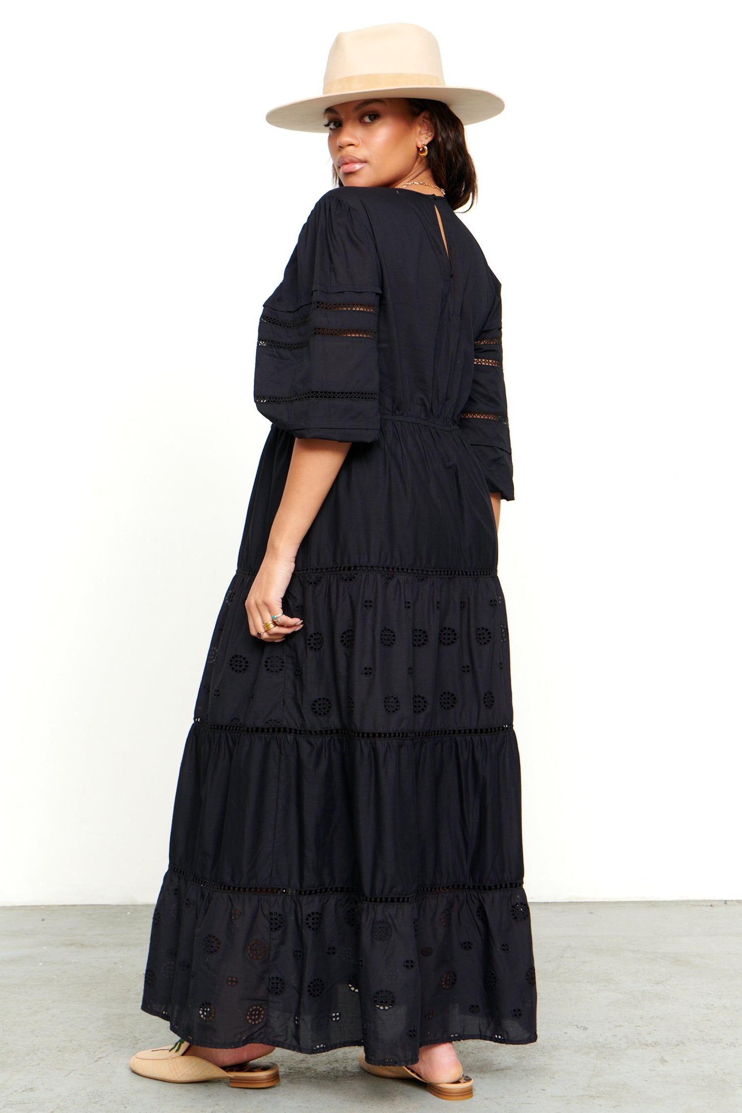 Model wearing Black Broderie Smock Dress standing facing away from the camera 