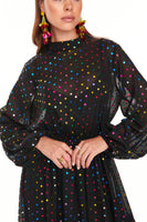 Thumbnail for Model wearing Black Mirror Alesha Dress standing facing the camera close up