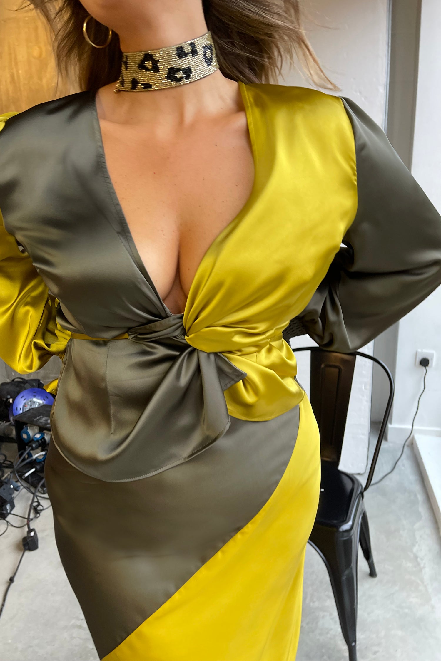Model wearing Lime and Khaki Wrap Top