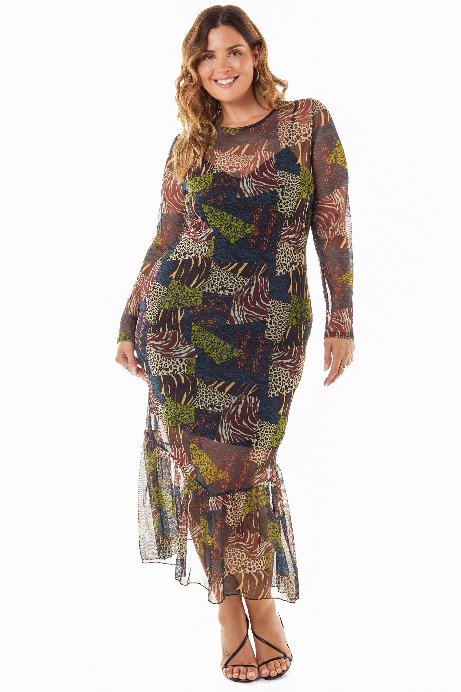 Model wearing Fiona Animal Mesh Dress standing facing the camera