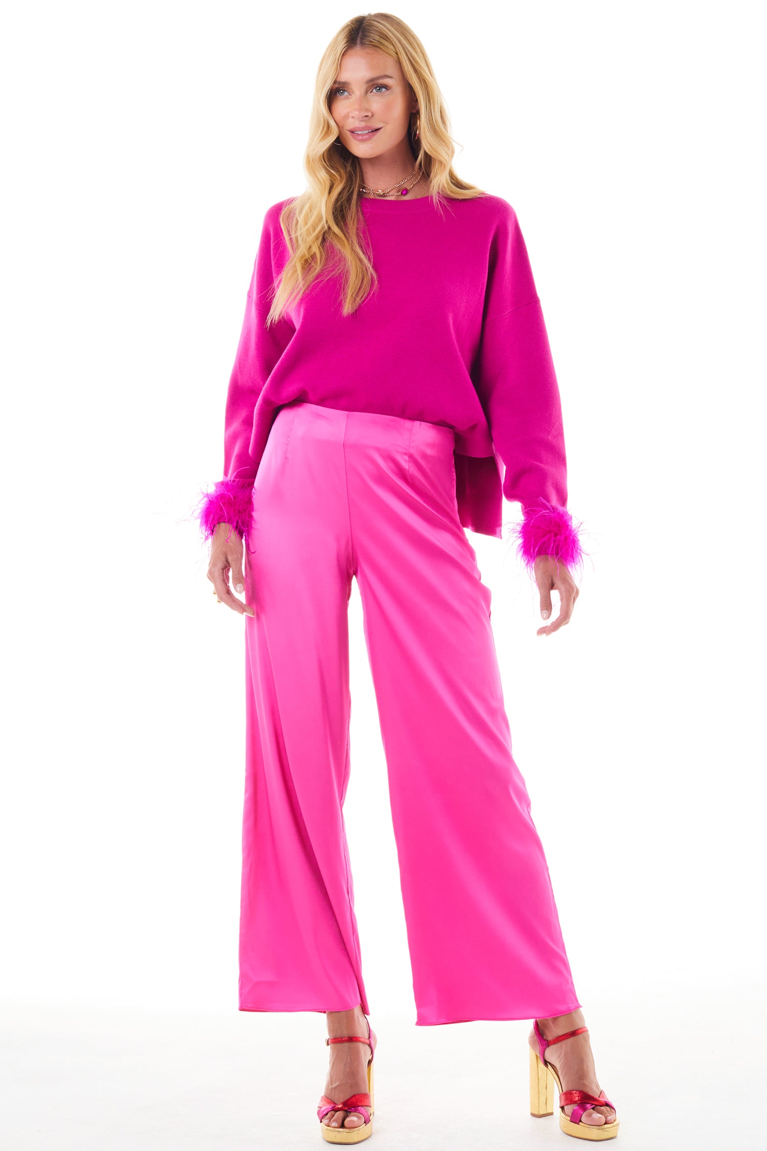Model wearing Pink Freya Trouser standing facing the camera