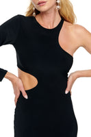 Thumbnail for Model wearing Black Midi Gigi Cut Out Dress standing facing the camera close up