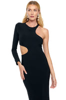 Thumbnail for Model wearing Black Midi Gigi Cut Out Dress standing facing the camera close up