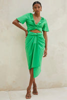 Thumbnail for Model wearing Green Cotton Linen Roma Top standing facing the camera