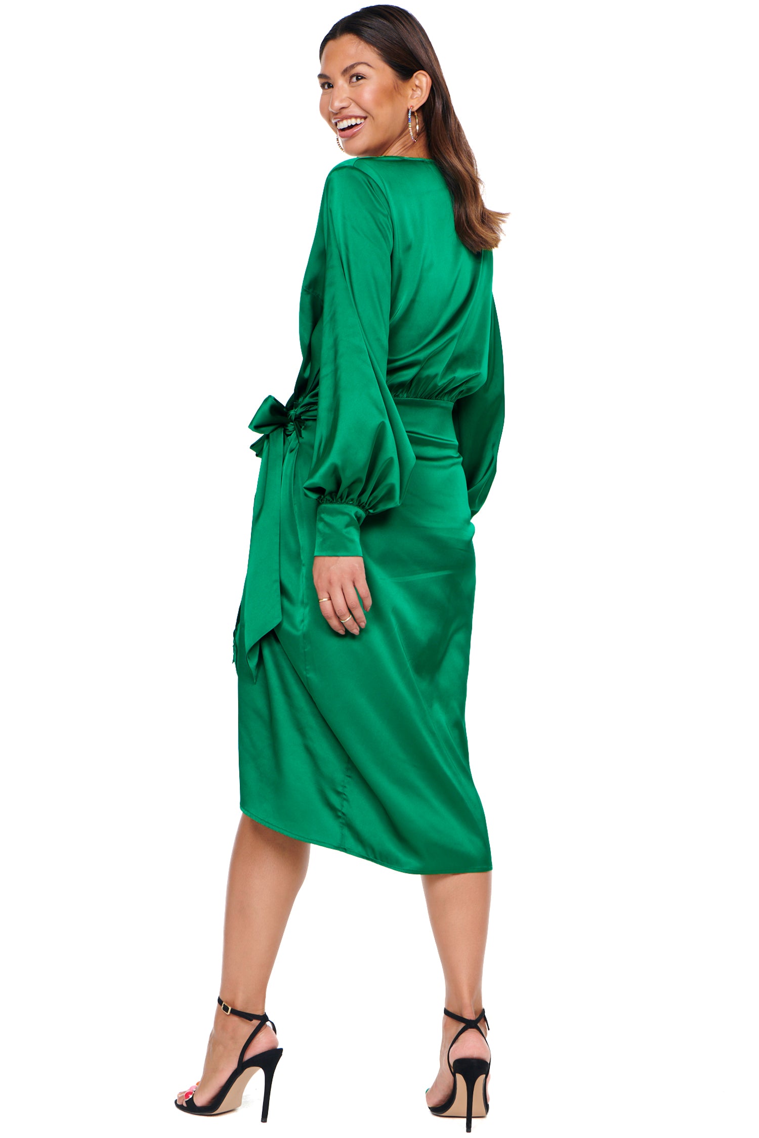 Model wearing Green Vienna Midi Dress standing facing away from the camera