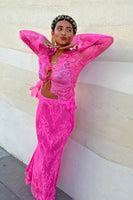 Thumbnail for Model wearing Pink Lace Top standing facing the camera 