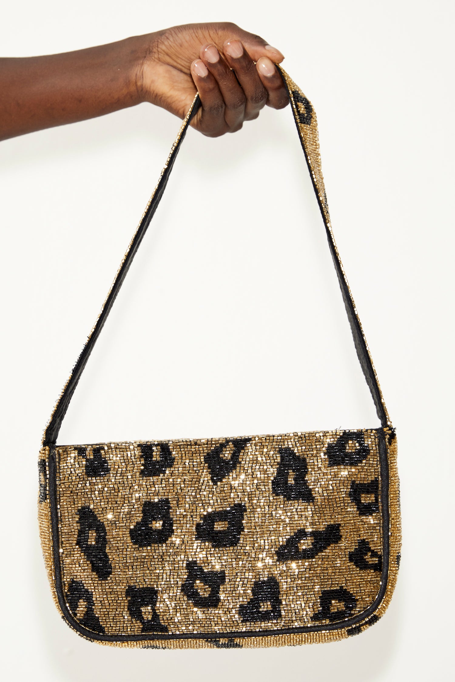 Brown Leopard Beaded Baguette Bag