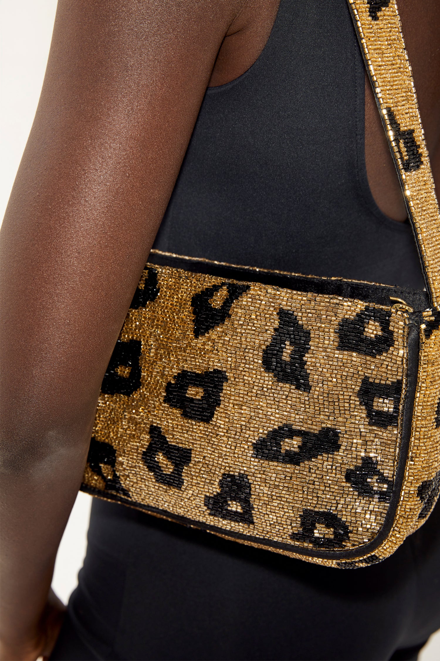 Brown Leopard Beaded Baguette Bag