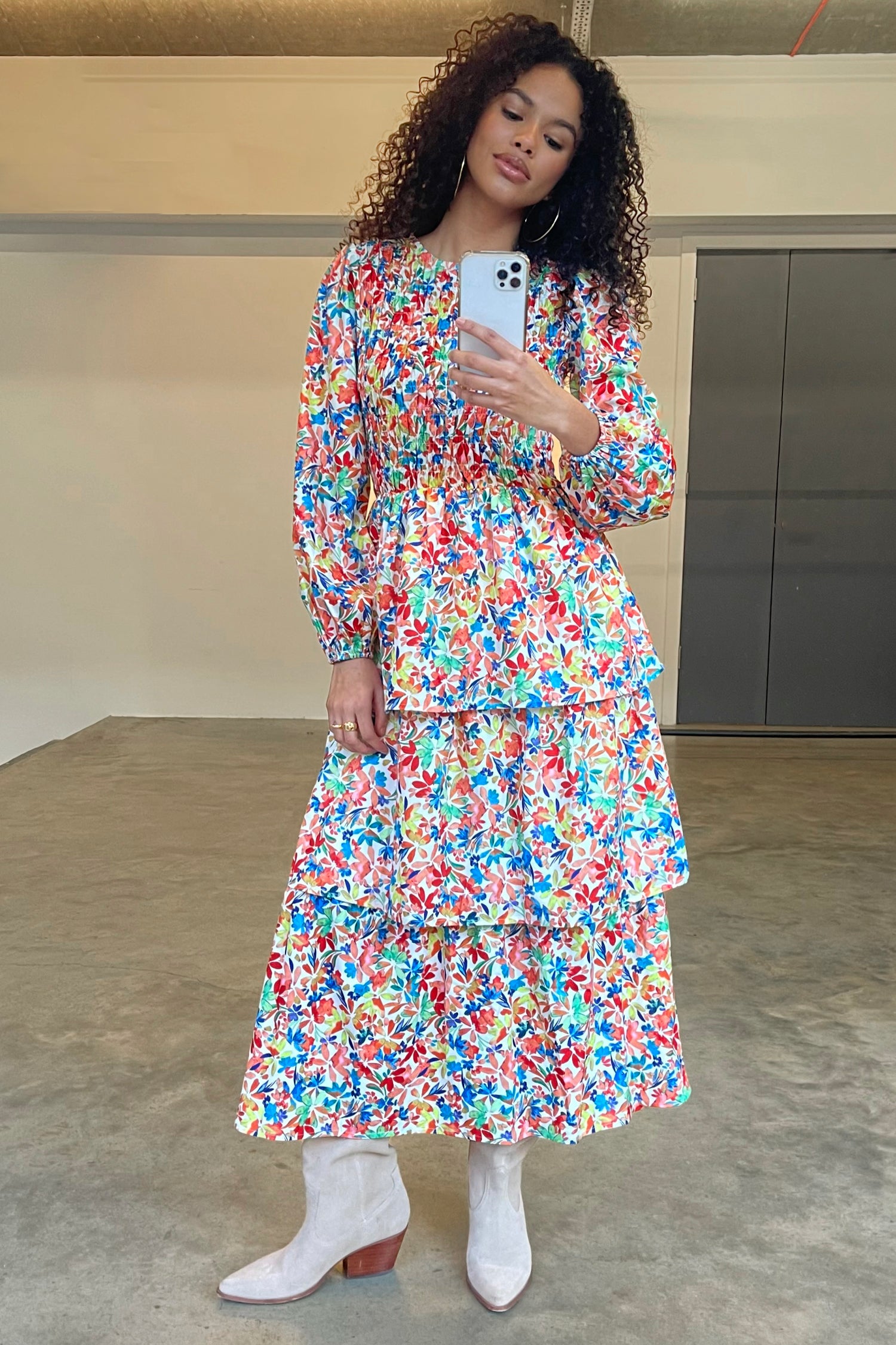 Model wearing Floral Lisa Dress standing facing the camera 