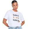 Model wearing Love Love Love T-shirt standing facing the camera