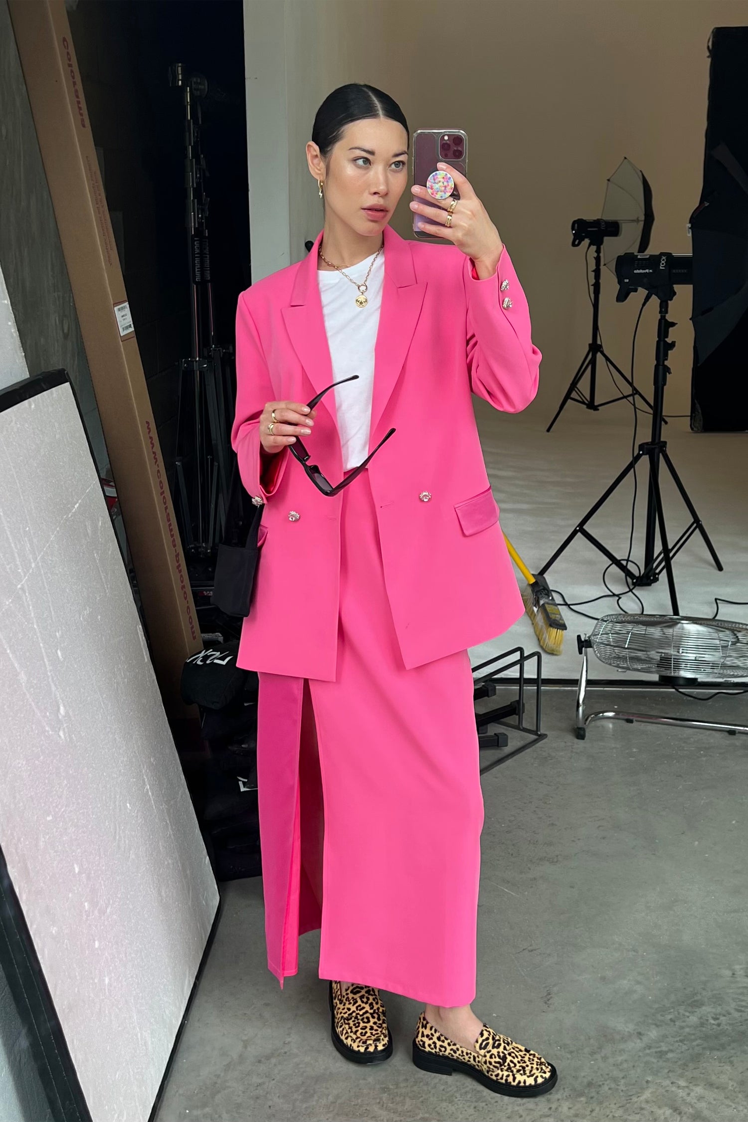Model wearing Pink 54 Blazer standing facing the camera