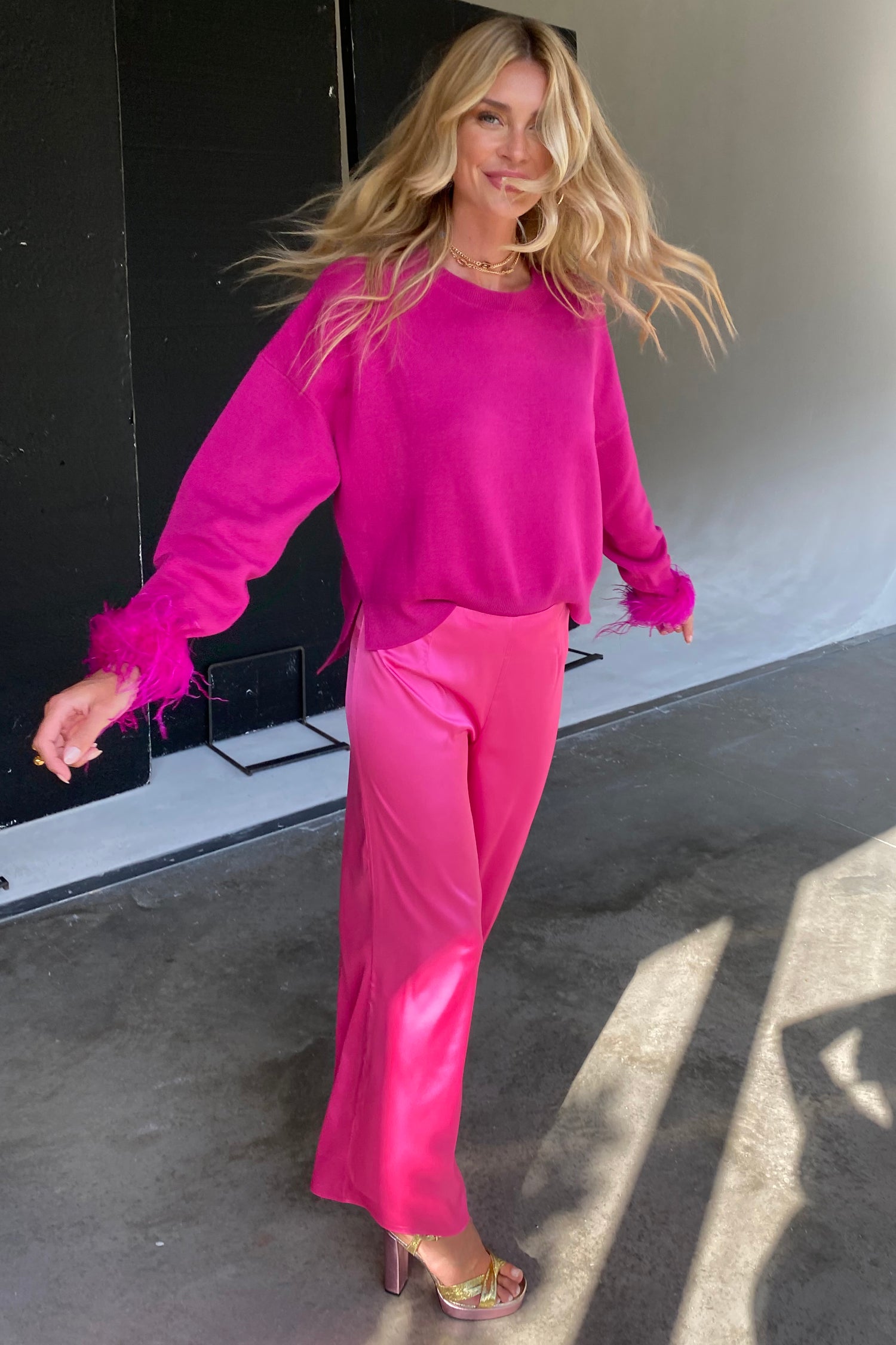 Model wearing Pink Freya Trouser standing facing the camera
