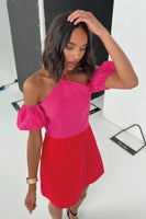 Thumbnail for Model wearing Red And Pink Rocco dress close up 