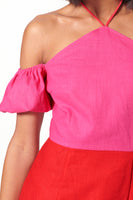 Thumbnail for Model wearing Red And Pink Rocco dress close up