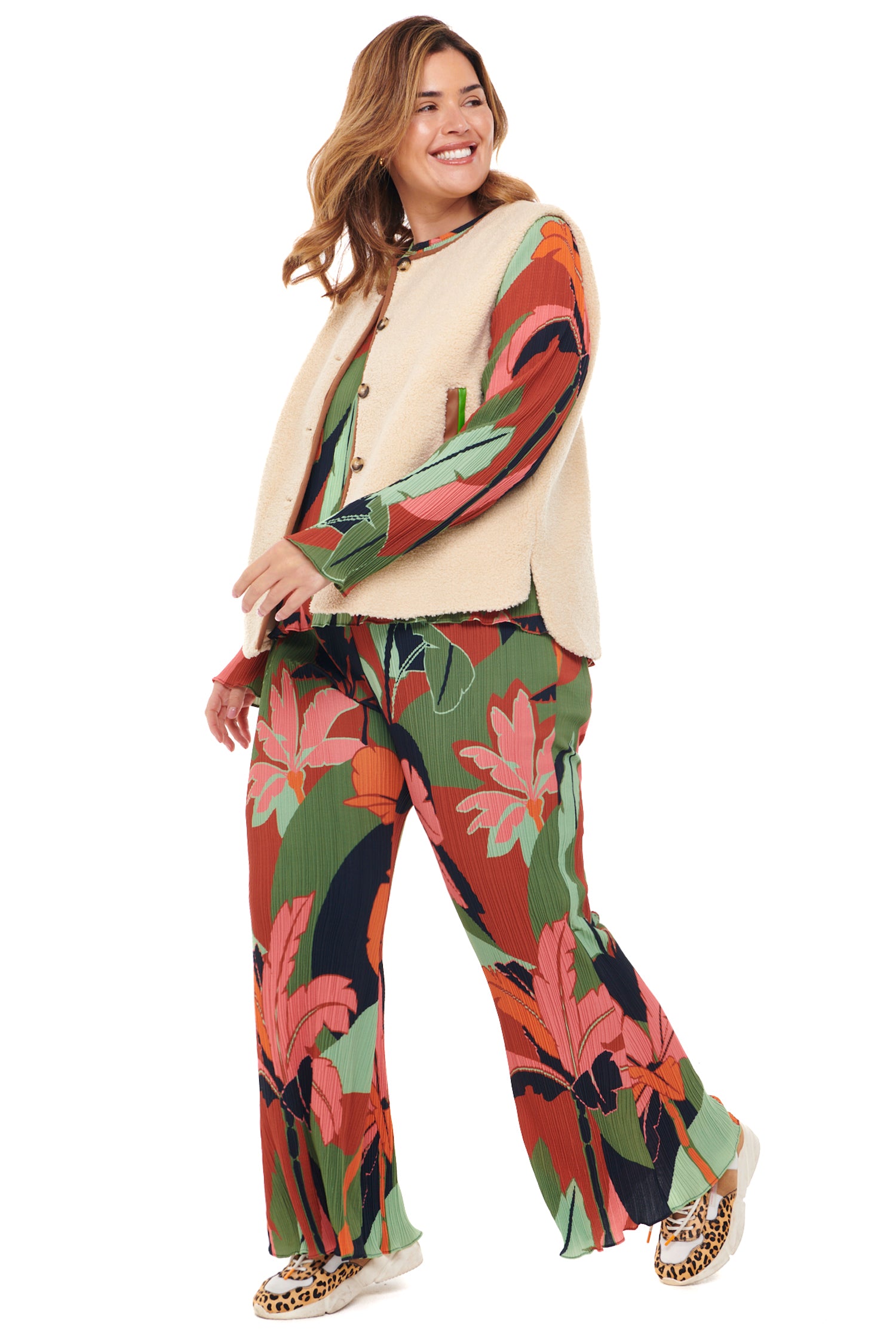 Model wearing Winter Palm Plisse Trouser standing facing the camera
