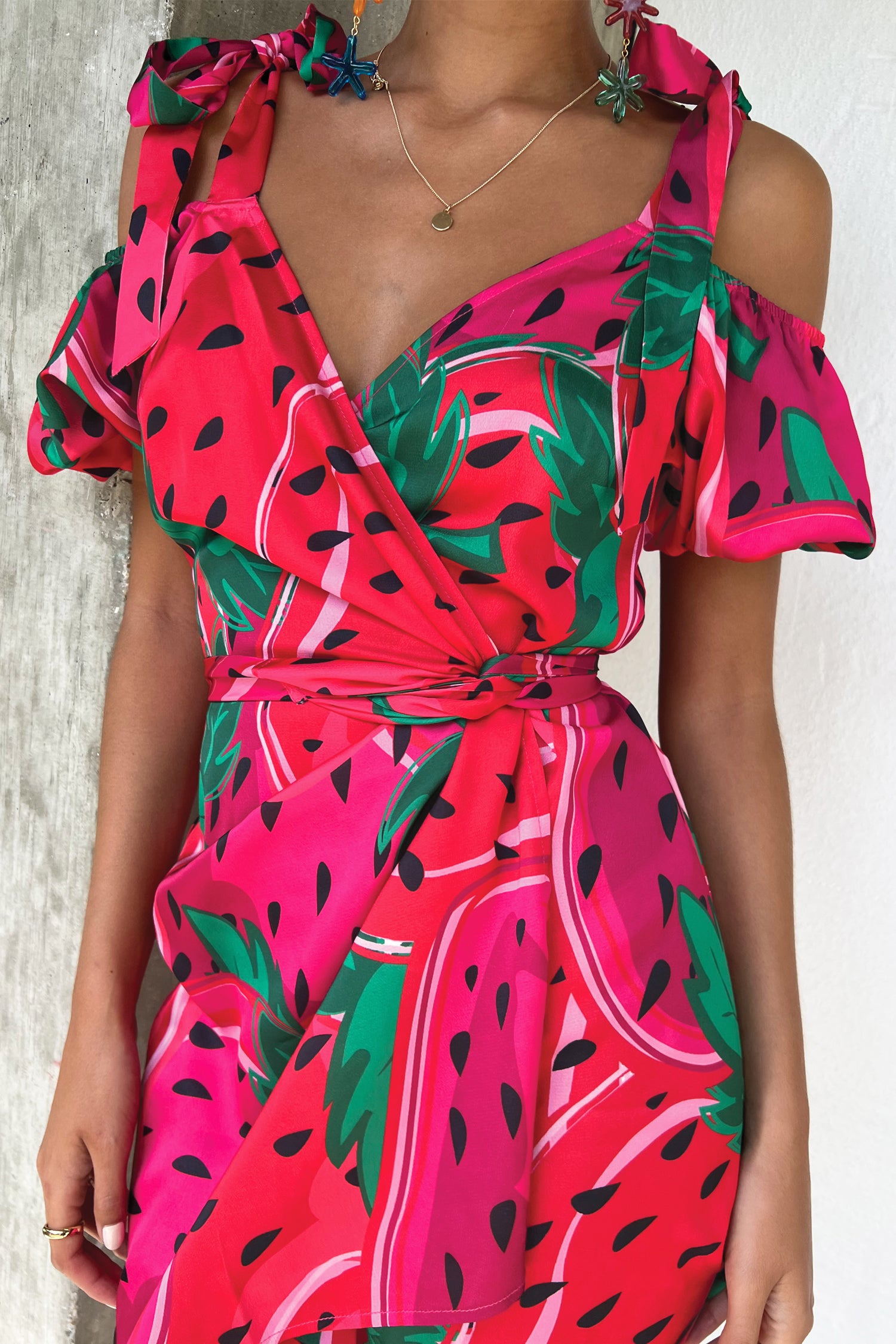 Model wearing Strawberry Mini Dress close up