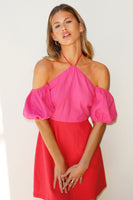 Thumbnail for Model wearing Red and Pink Rocco Dress standing facing the camera close up
